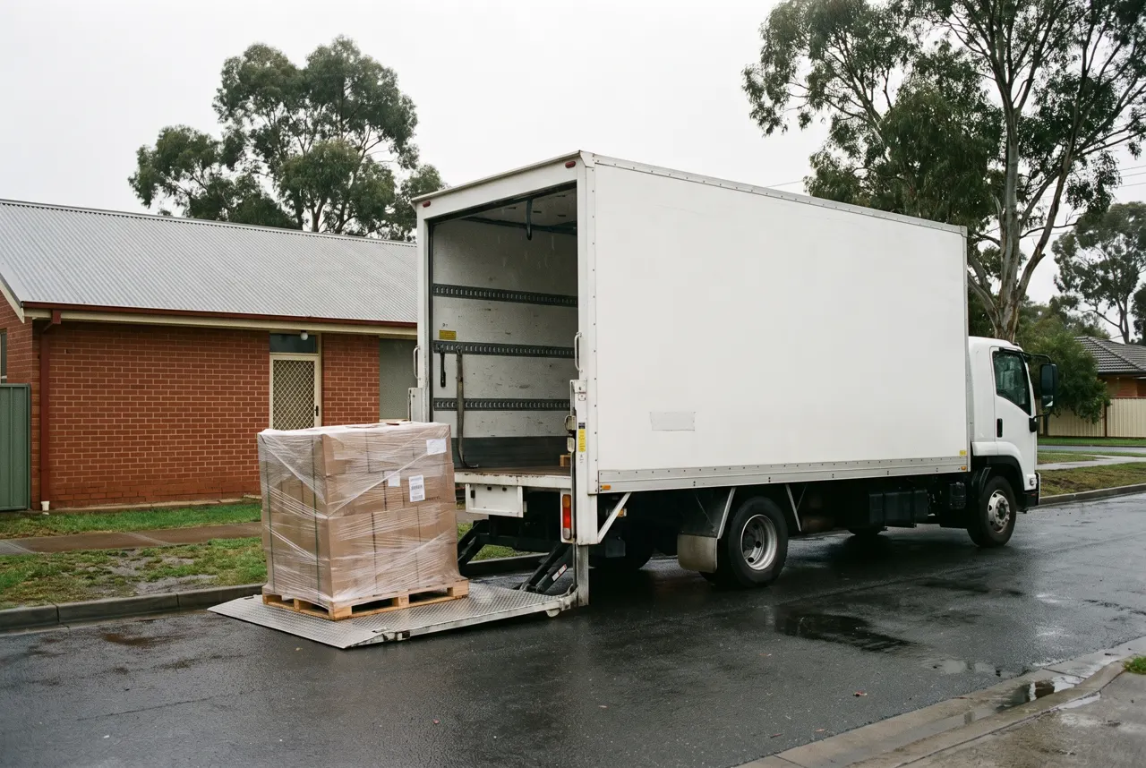 Delivery truck with its tail-lift lowered to the kerb, a wrapped pallet resting at ground level outside an Australian business